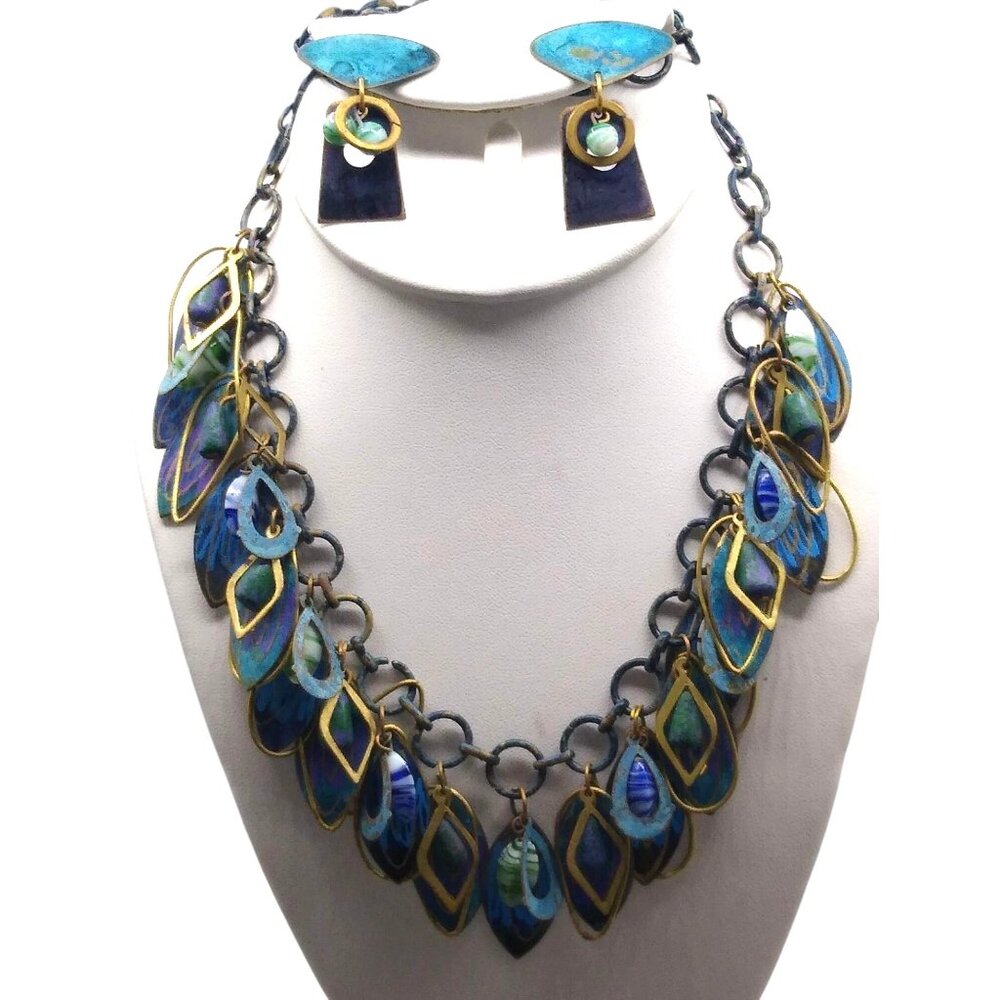 Vintage Colorful Painted Brass Dangles Necklace and Earrings Set, Retro Bib